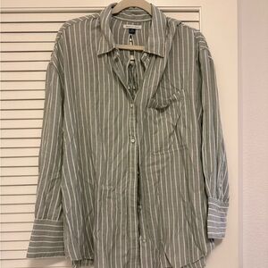 American Eagle Outfitters Olive Green & White Striped Button-Up Shirt